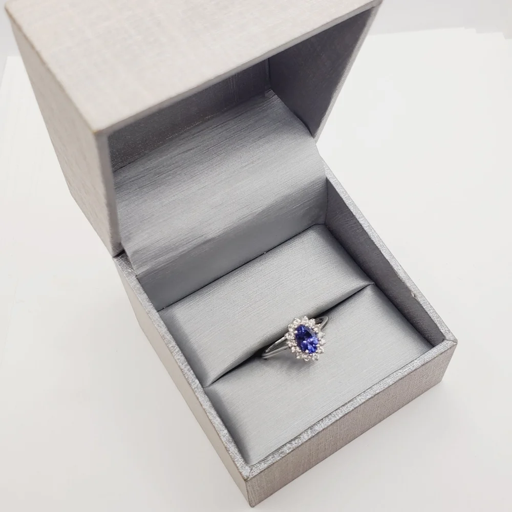 10k Solid White Gold Oval Tanzanite & Round White Topaz Halo Ring